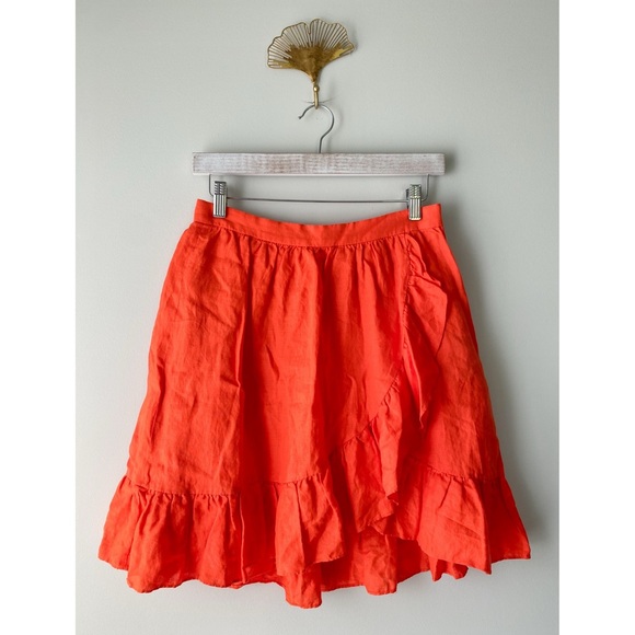 J Crew Womens 100% Linen Ruffle Mini Skirt 2 Orange Preppy Feminine A Line - Picture 3 of 10